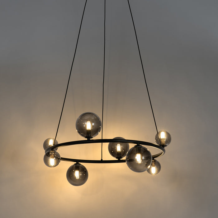 QAZQA Hanglamp zwart met smoke glas rond 8-lichts - Monaco