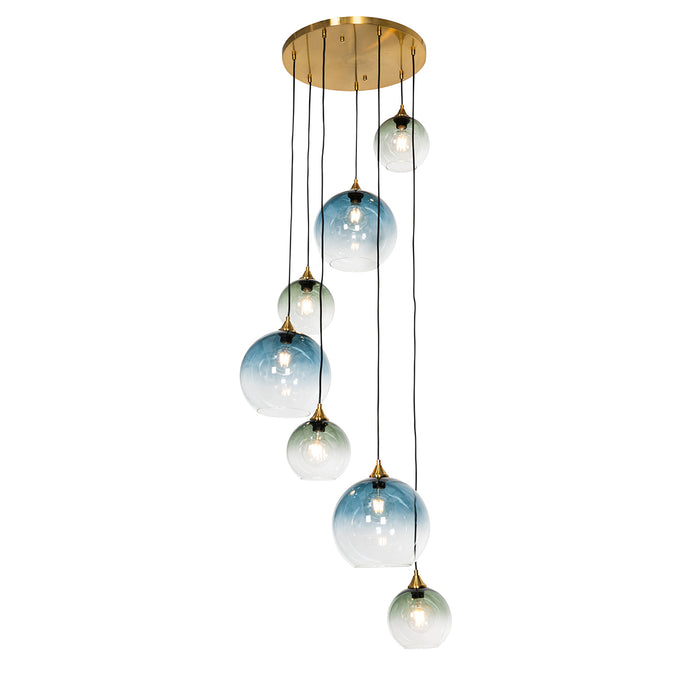 QAZQA Art Deco Hanglamp messing met blauw glas rond 7-lichts - Sandra