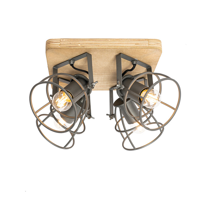 QAZQA Industriële spot hout met donkergrijs verstelbaar 4-lichts -