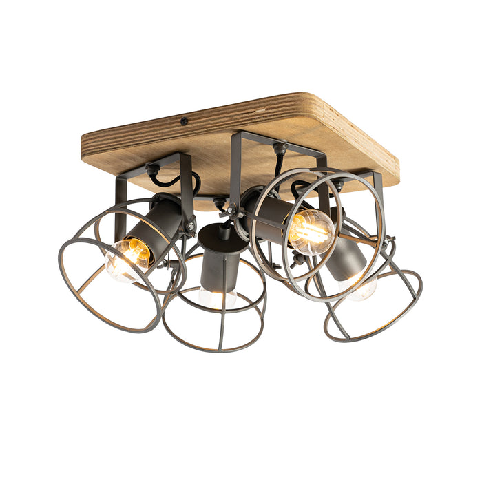 QAZQA Industriële spot hout met donkergrijs verstelbaar 4-lichts -