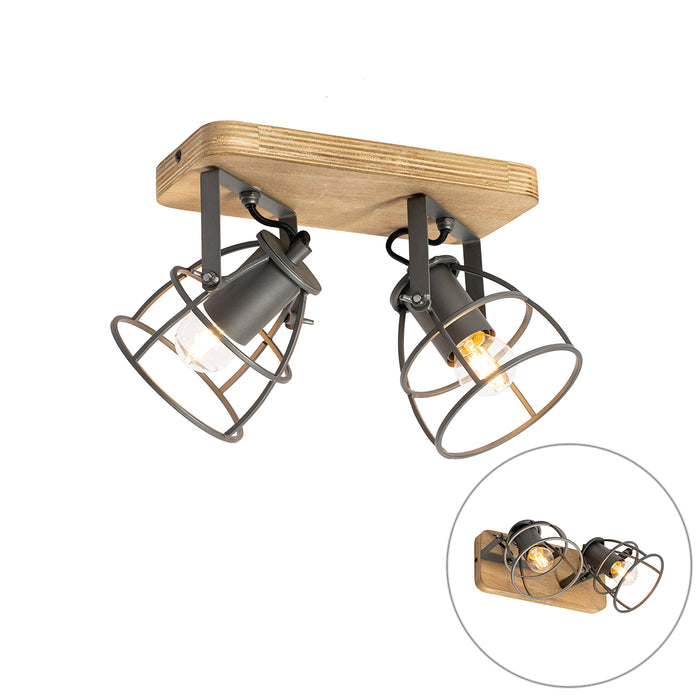 QAZQA Industriële spot donkergrijs met hout verstelbaar 2-lichts -