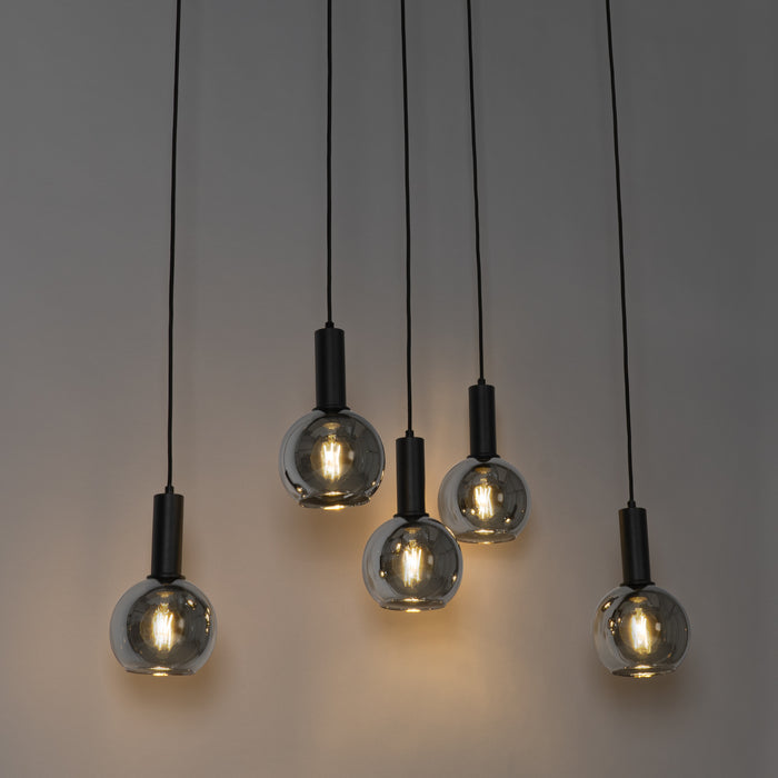 QAZQA Art Deco hanglamp zwart met smoke glas ovaal 5-lichts - Josje