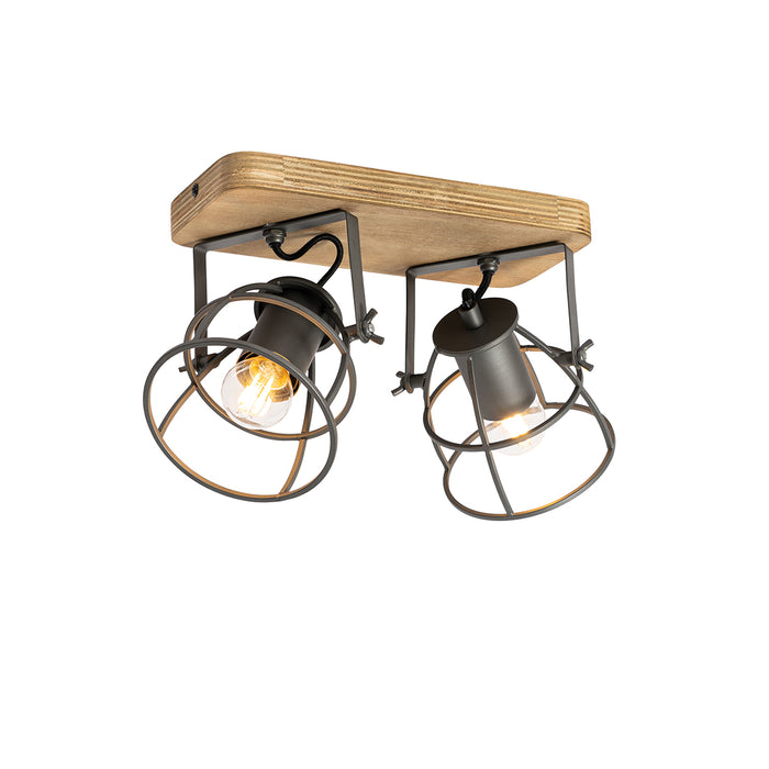 QAZQA Industriële spot donkergrijs met hout verstelbaar 2-lichts -