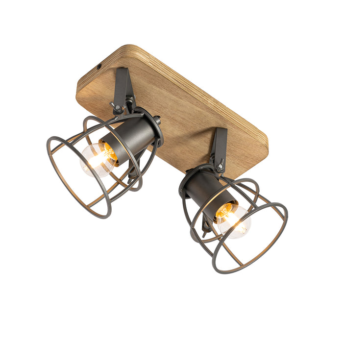 QAZQA Industriële spot donkergrijs met hout verstelbaar 2-lichts -