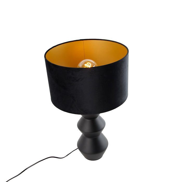 QAZQA Design tafellamp zwart 16 cm velours kap zwart met goud 35 cm -