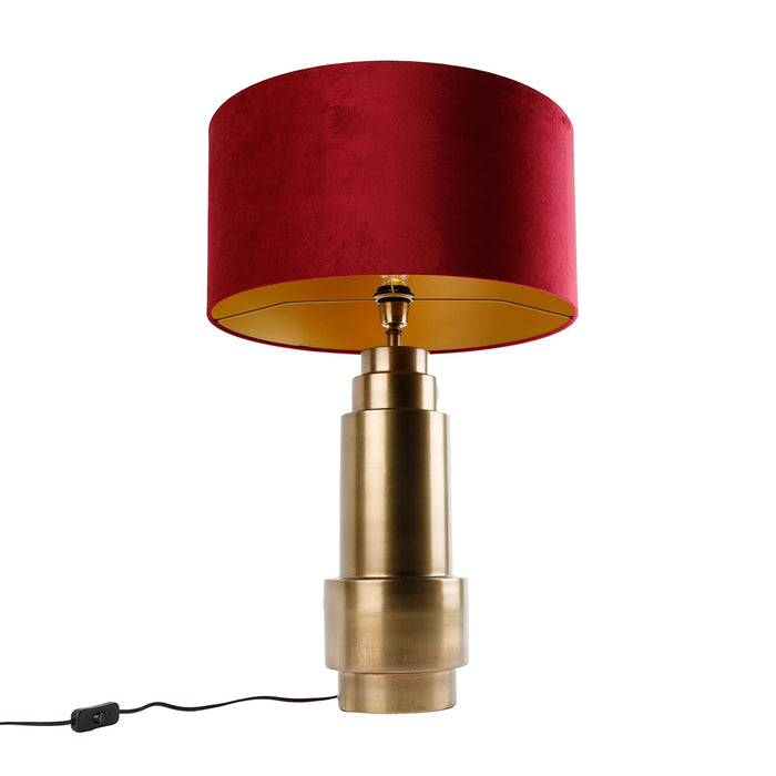 QAZQA Tafellamp brons velours kap rood met goud 50 cm - Bruut