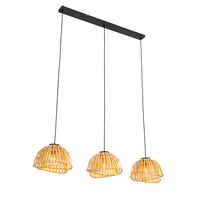 QAZQA Oosterse hanglamp zwart met naturel bamboe 3-lichts - Pua