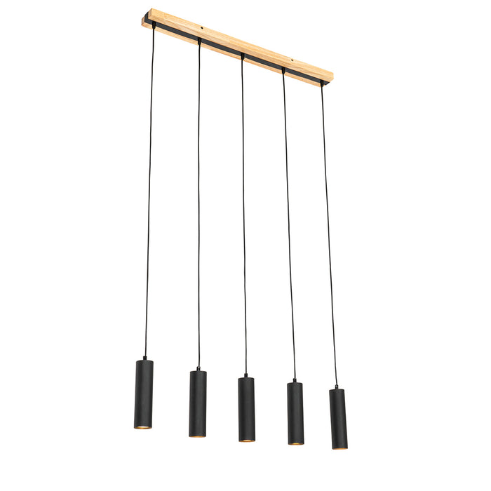 QAZQA Moderne hanglamp zwart met hout 5-lichts - Jeana