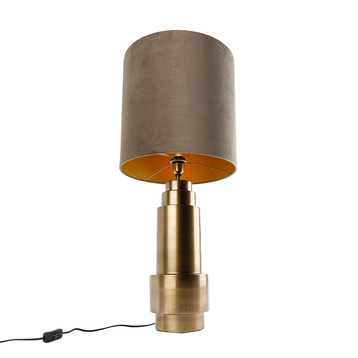 QAZQA Tafellamp brons velours kap taupe met goud 40 cm - Bruut