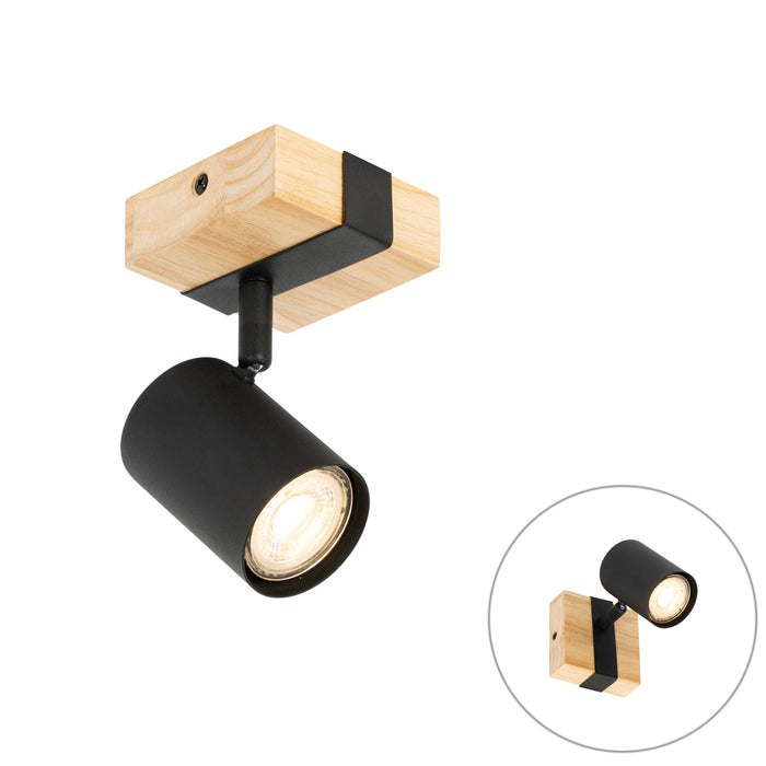 QAZQA Moderne spot zwart met hout verstelbaar vierkant - Jeana