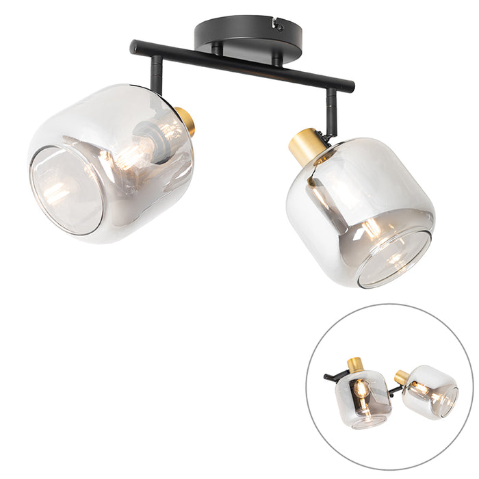 QAZQA Plafondspot zwart met goud met smoke glas 2-lichts - Zuzanna