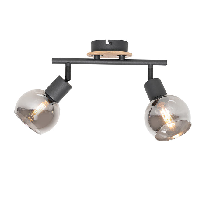 QAZQA Plafondlamp zwart met smoke glas en hout 2-lichts - Vidro