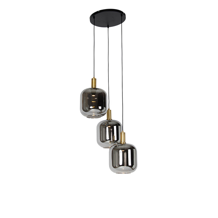 QAZQA Hanglamp zwart met goud en smoke glas incl. 3 PUCC - Zuzanna