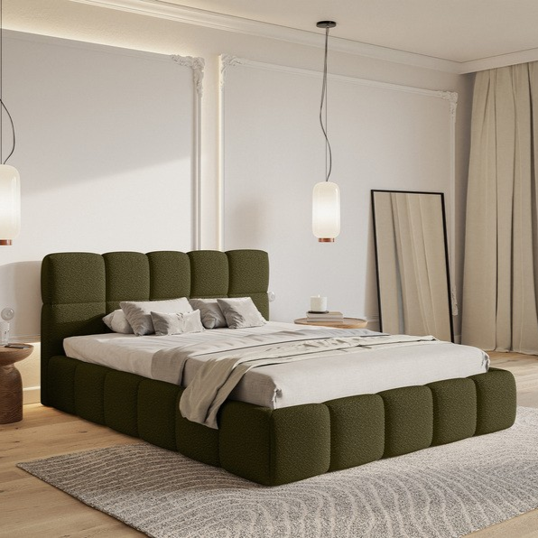 NADUVI Collection Chloe Bedframe 180 x 200 cm - met Opbergvak - Bouclé - Olijfgroen