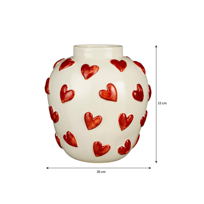 Mica Decorations Hearts Vaas - H33 x Ø30 cm - Keramiek - Wit, Rood