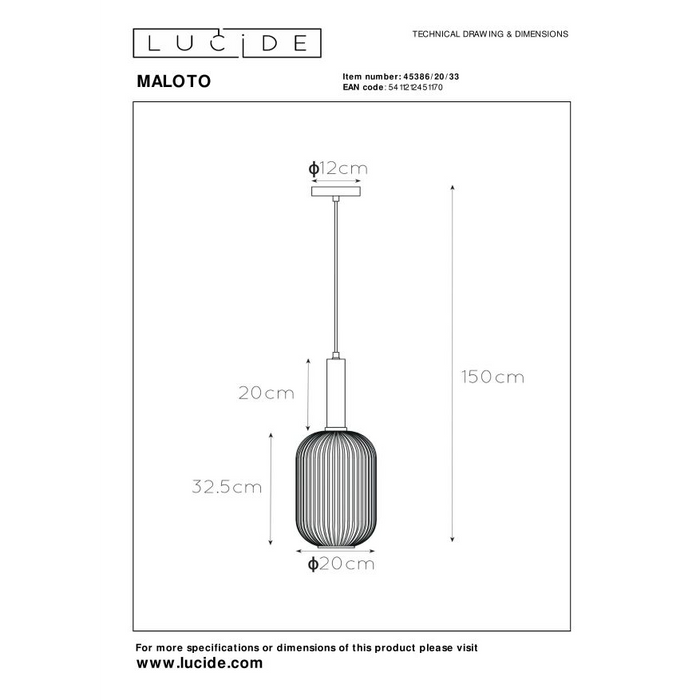 Lucide Maloto Hanglamp Cilinder - Amber