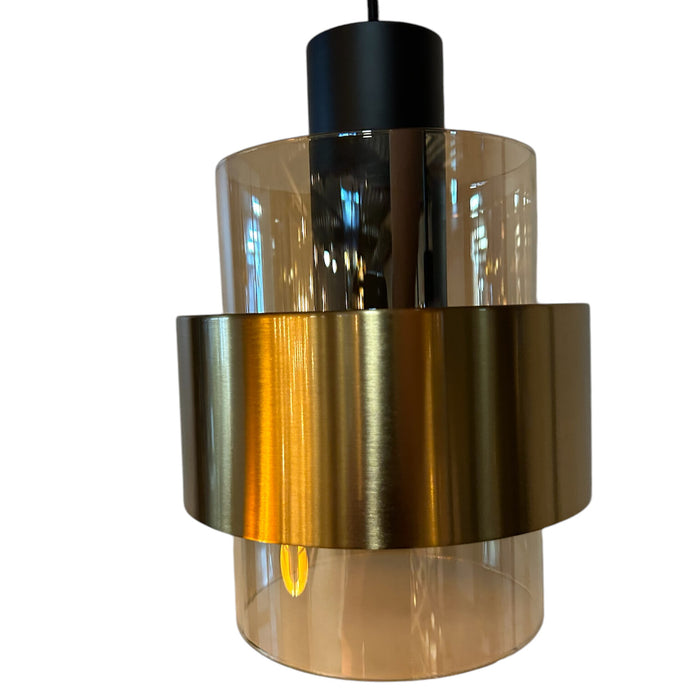 Freelight Hanglamp Chiasso Zwart Goud & Amber Glas 3 Lichts L 1 mtr