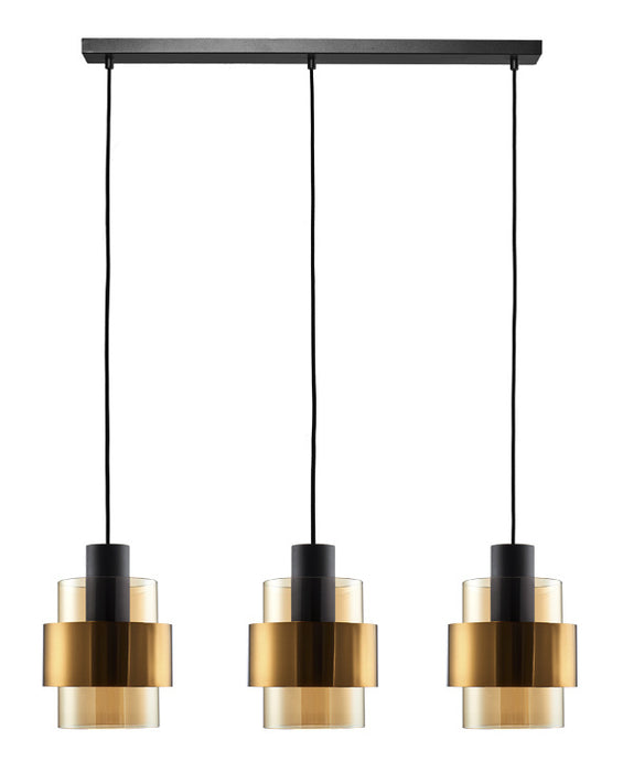 Freelight Hanglamp Chiasso Zwart Goud & Amber Glas 3 Lichts L 1 mtr