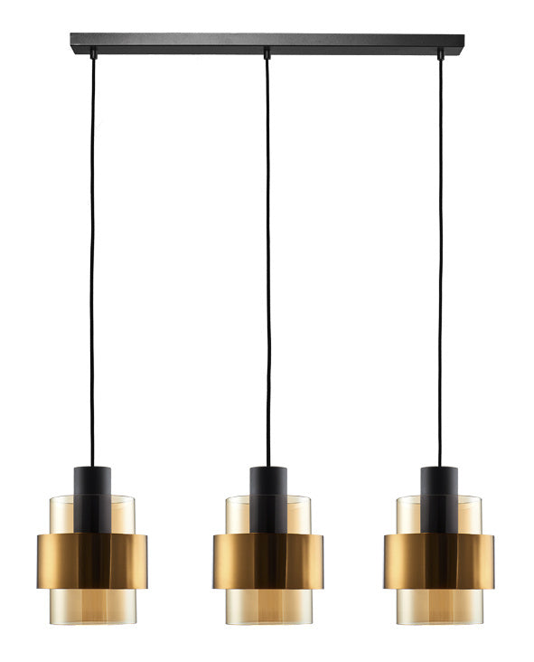 Freelight Hanglamp Chiasso Zwart Goud & Amber Glas 3 Lichts L 1 mtr