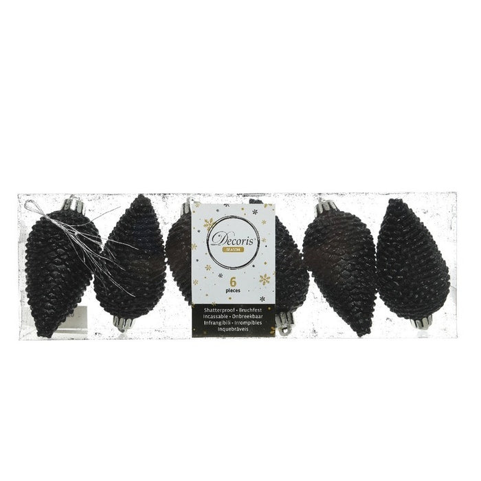 Decoris Kersthangers dennenappels - 6x - zwart - glitter - 8 cm
