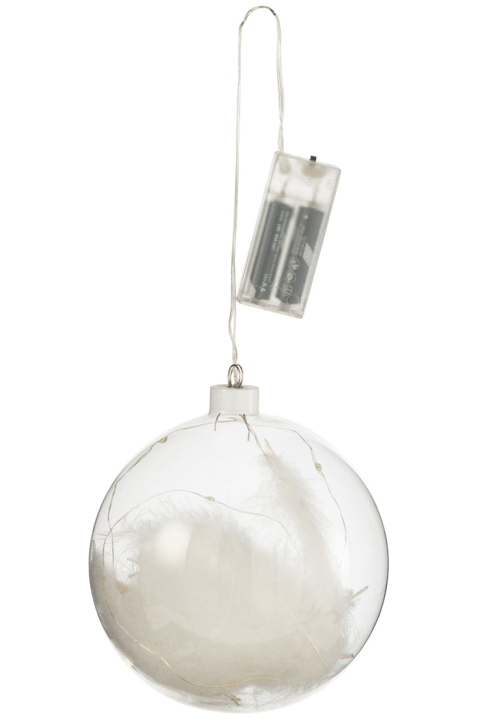 J-Line decoratie Bal Pluimen - glas - wit - large - 6 stuks