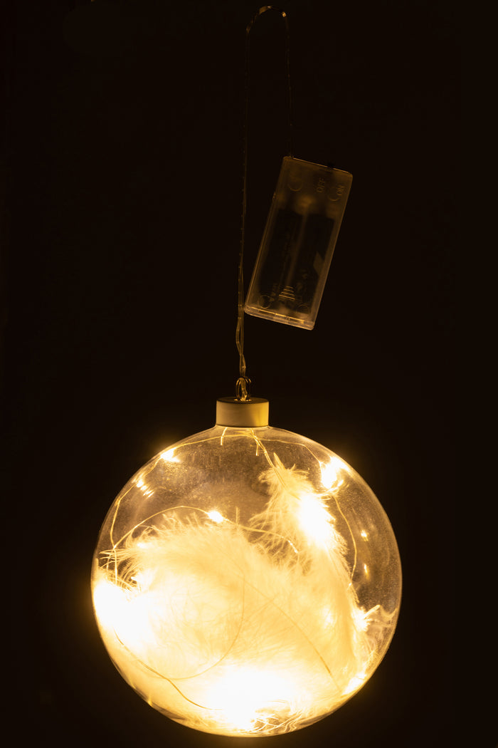 J-Line decoratie Bal Pluimen - glas - wit - large - 6 stuks