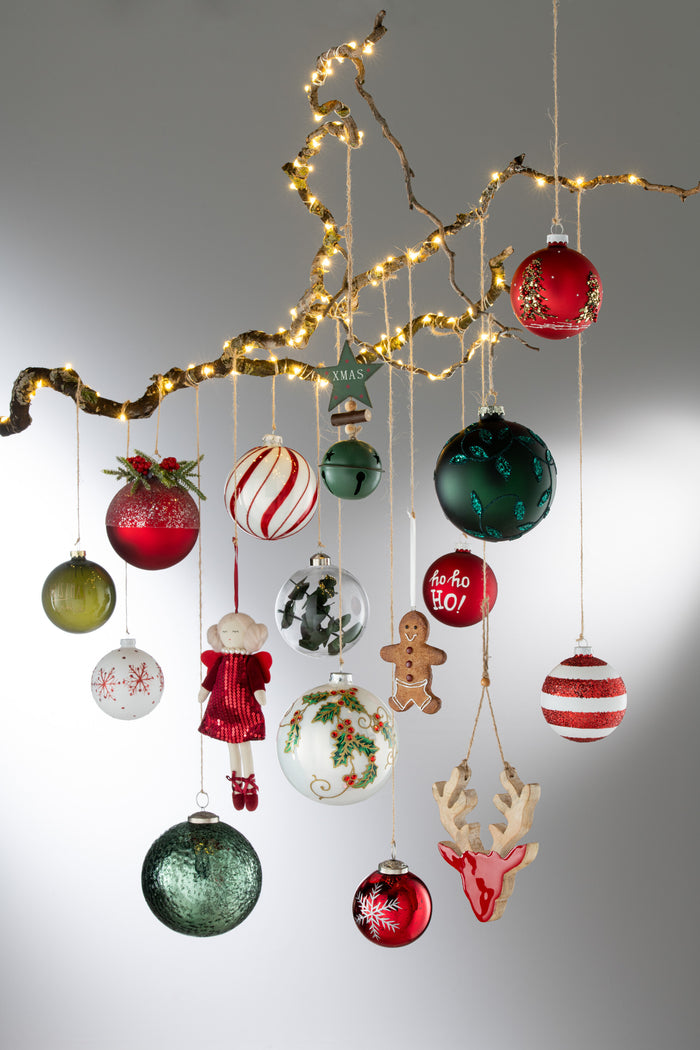 J-Line kerstbal Sneeuwvlokken Glitter - glas - wit|rood - sm