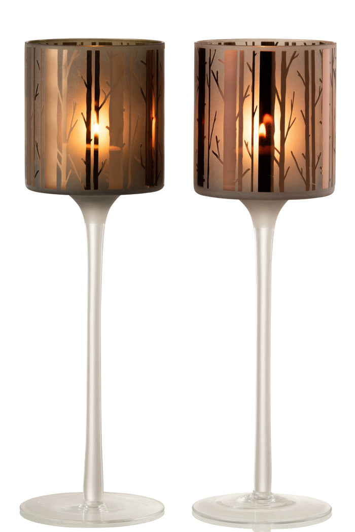 J-Line theelichthouder op boet Boom - glas - bruin - large - 2 stuks