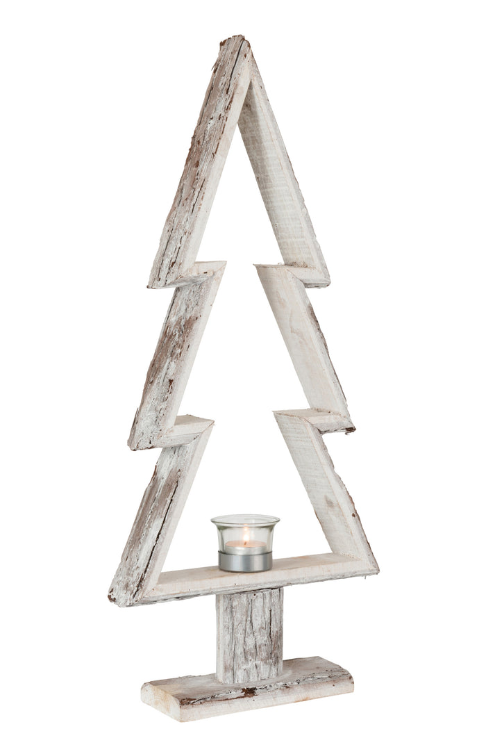 J-Line theelichthouder Kerstboom - hout - bruin|wit - large