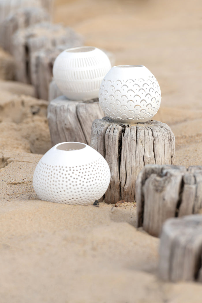 J-Line theelichthouder Kokosnoot Lijnen - jute - wit - 3 stuks