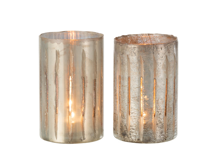 J-Line windlicht Streep - glas - blauw - large - 2 stuks