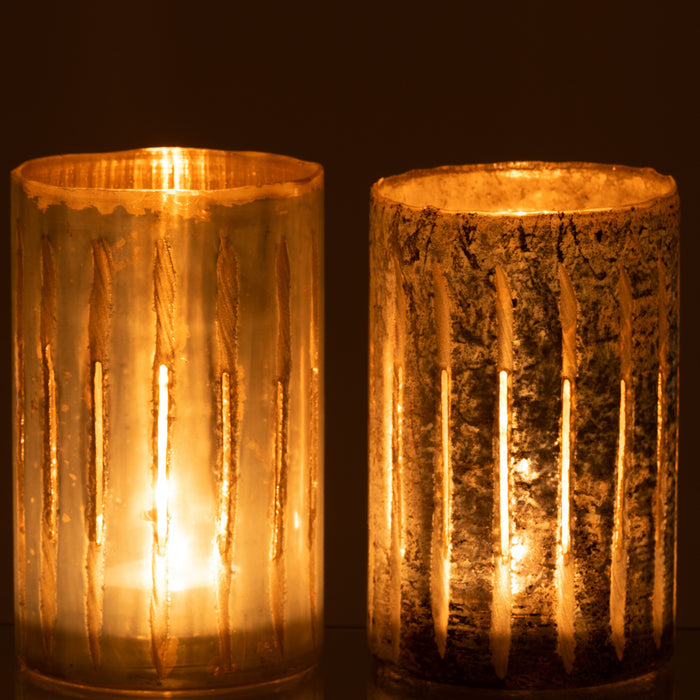 J-Line windlicht Streep - glas - blauw - large - 2 stuks