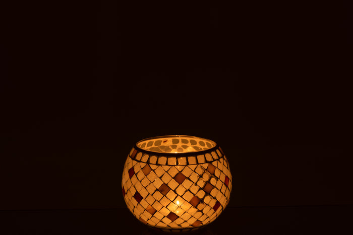 J-Line theelichthouder Mozaiek Rond - glas - grijs|parelmoer