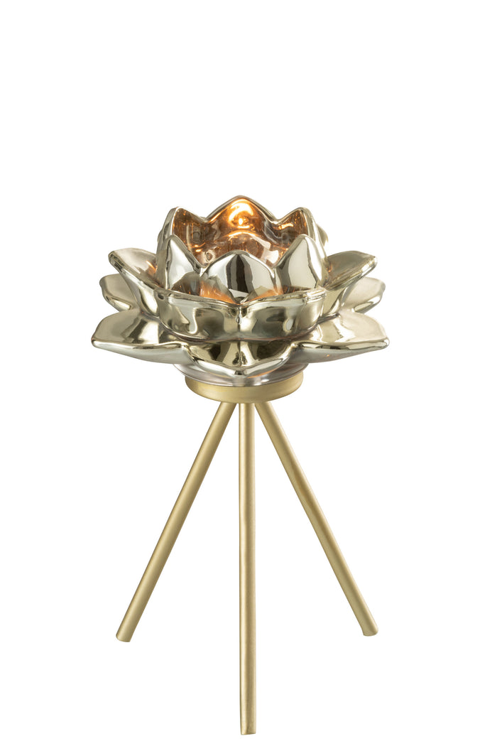 J-Line theelichthouder Op Voet Bloem - glas - goud - small