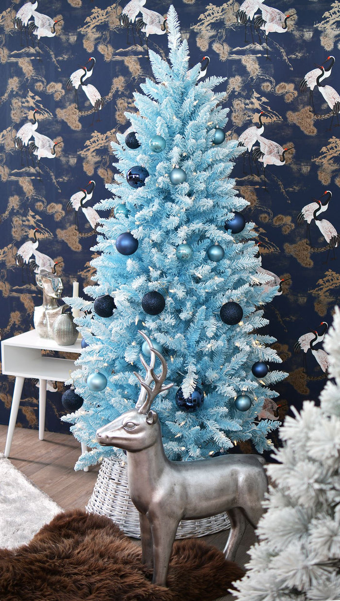 Funky Baby Blue Flocked verlichte kunstkerstboom - 183 cm -