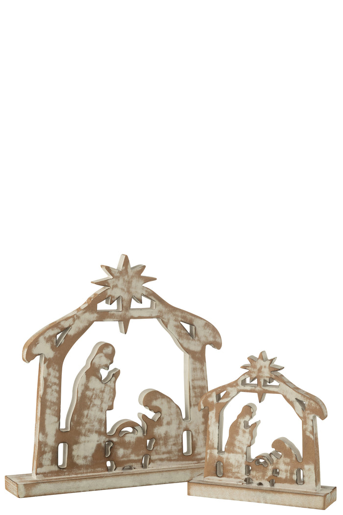 J-Line decoratie kerststal - mangohout - wit|naturel - large