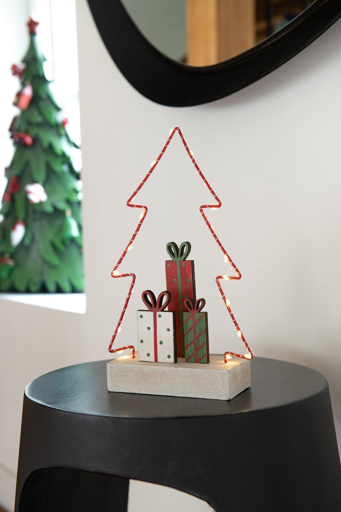 J-Line decoratie kerstboom + cadeau's - hout|kunststof - roo