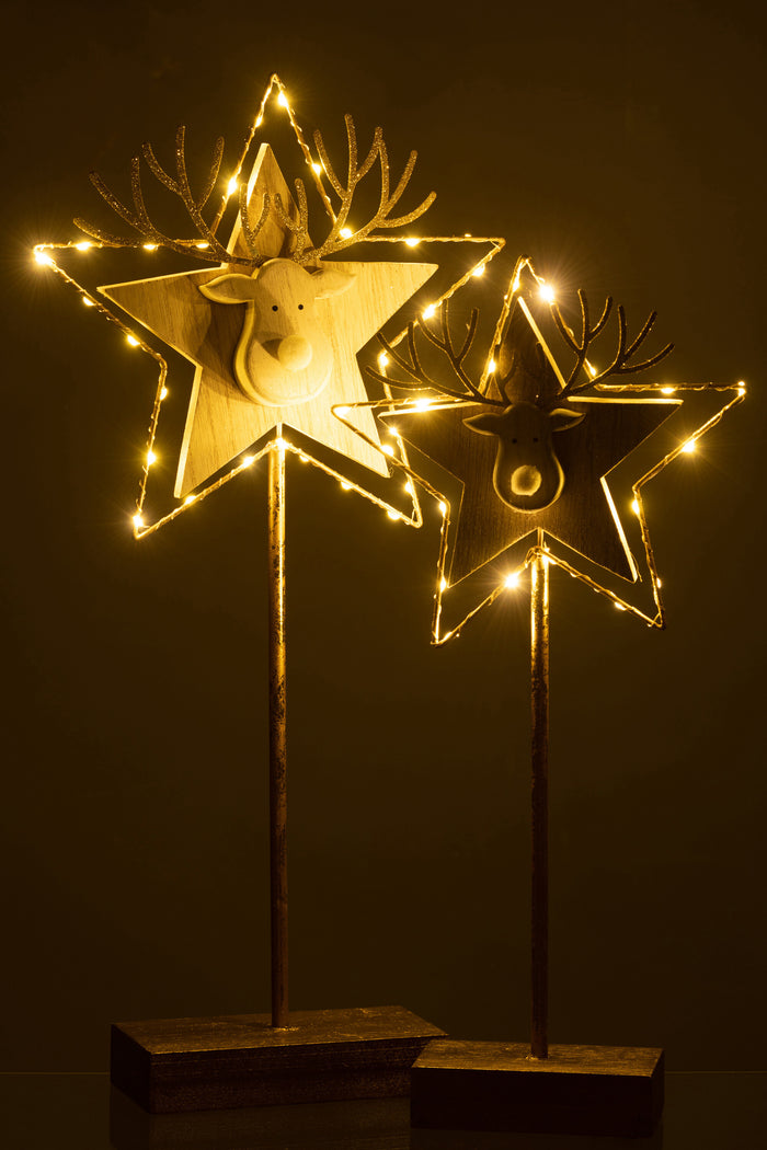 J-Line decoratie Rendier|Ster op voet - hout - goud|wit - LED - large