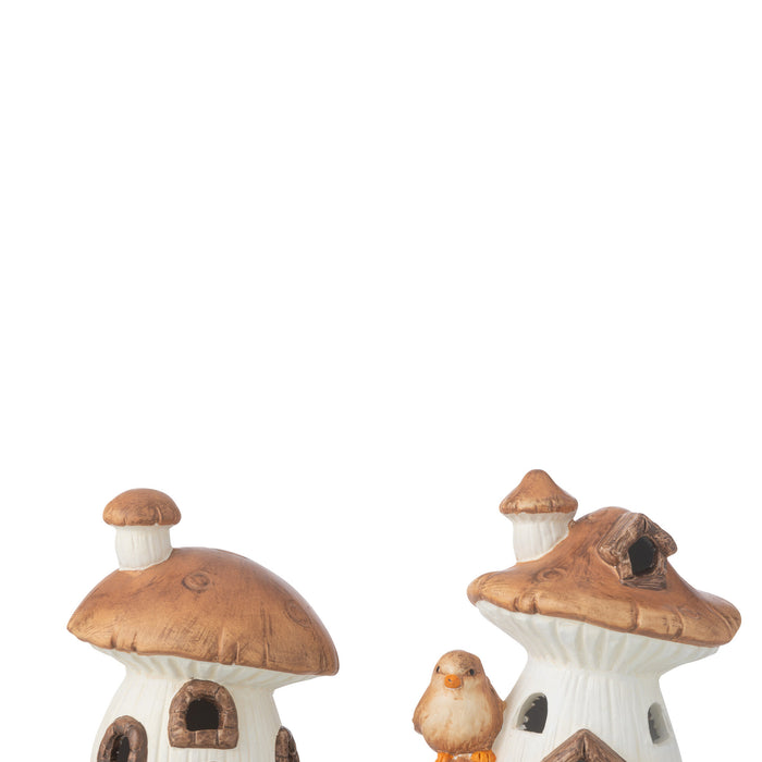J-Line decoratie Huis Paddenstoel - porselein - mix - 2 stuks - LED lichtjes