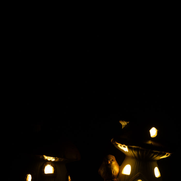 J-Line decoratie Huis Paddenstoel - porselein - mix - 2 stuks - LED lichtjes