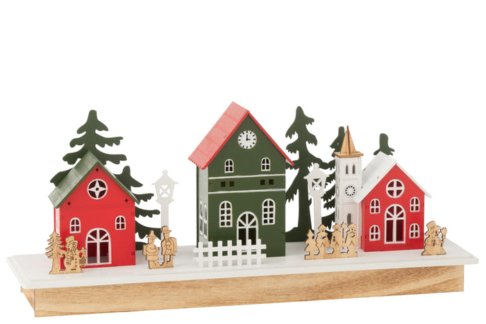 J-Line decoratie Winter Dorp - hout - mix - LED lichtjes