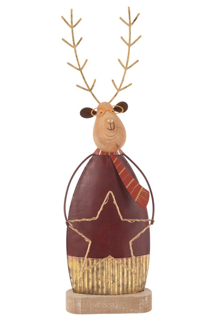 J-Line decoratie Rendier + sjaal|bril - metaal - roest|goud - L - LED