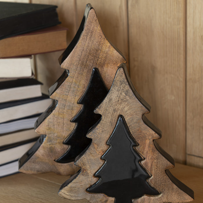J-Line decoratie Kerstboom Puzzel - hout - zwart|naturel - m