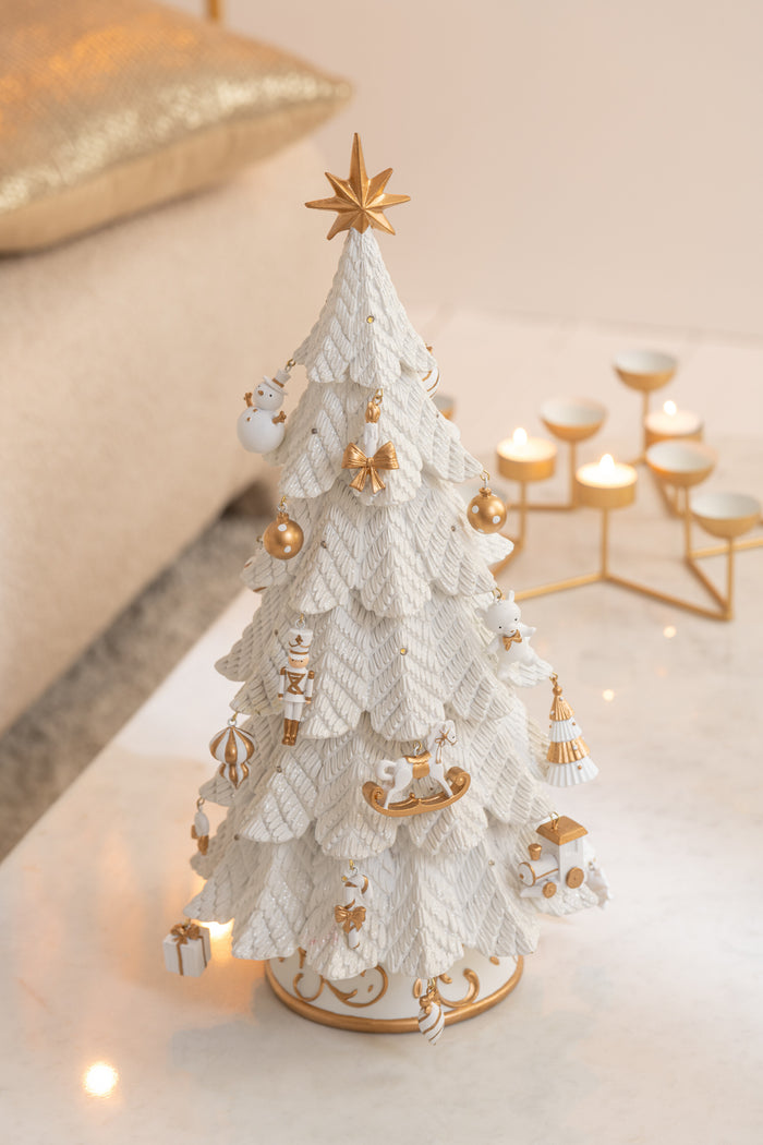 J-Line decoratie Kerstboom Ornamenten - polyresin - wit|goud - small - LED lichtjes