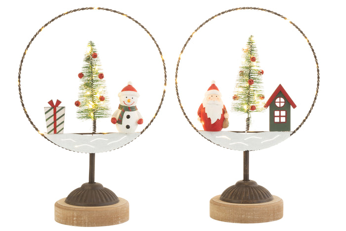 J-Line decoratie Cirkel Op Voet + Kerstman|Sneeuwman - hout|