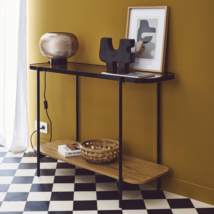 sweeek - Salontafel vintage van zwart metaal met plateau's van glas en