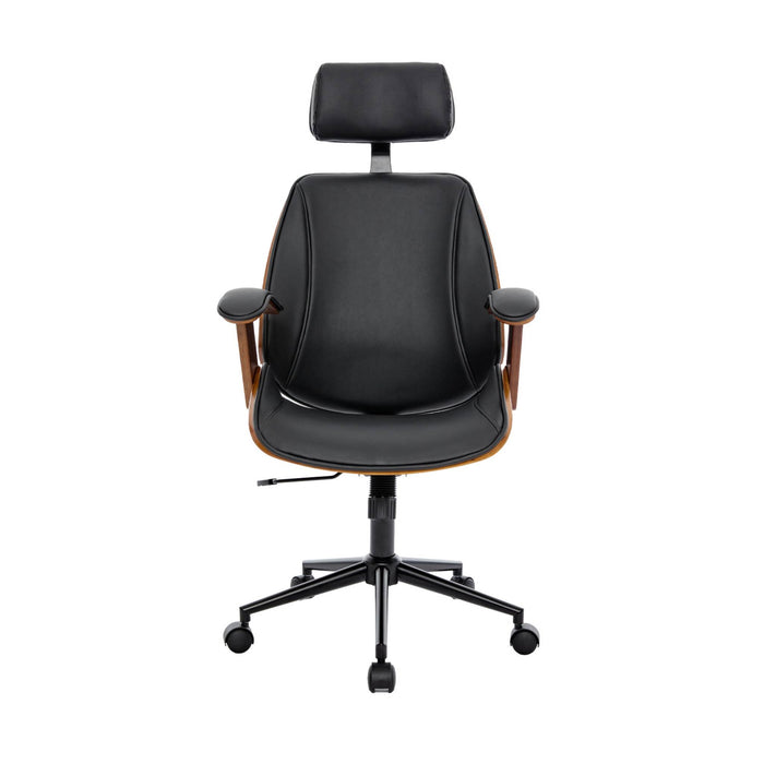 sweeek - Bureaustoel met wielen, gebogen hout en kunstleren afwerking