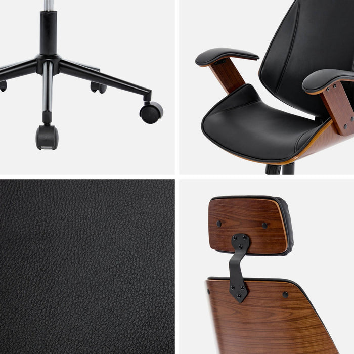 sweeek - Bureaustoel met wielen, gebogen hout en kunstleren afwerking