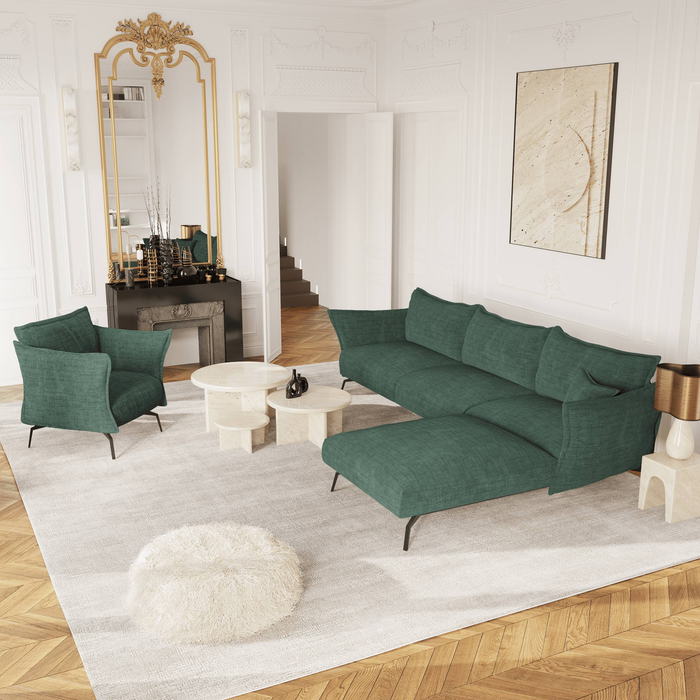 Fluwelen hoekbank met smaragdgroen patroon rechts