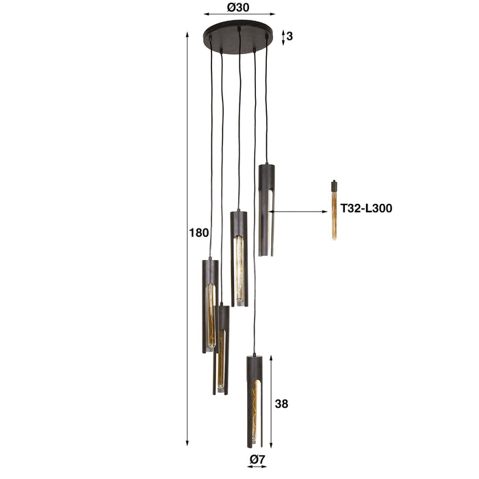 Giga Meubel - Hanglamp Zwart Metaal - 5-Lichts - 30x30x180cm